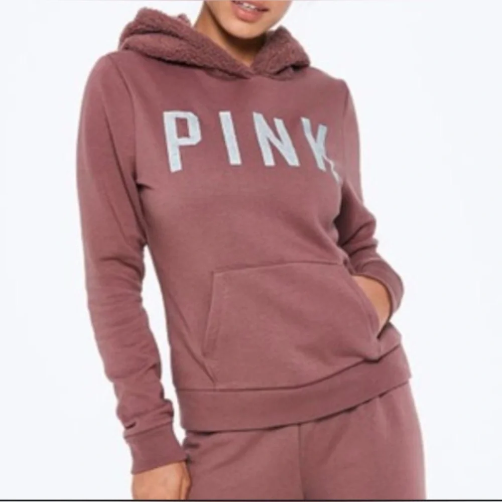 Victorias Secret Pink Medium Rose Pink Hoodie Sweatshirt Glitter Font Sherpa Top - Picture 2 of 16